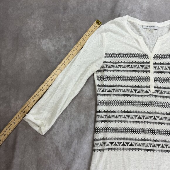 White & Black Tribal Print 100% Linen Long Sleeve Henley Blouse - Picture 3 of 10
